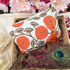 Vriksham Cotton Pouch, Purse for Women with Zipper-Floral Print-White-G19040