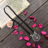 Vriksham Designer Lakshmi Style Silver Oxidized Pendant With Black Beaded Magalsutra-S997