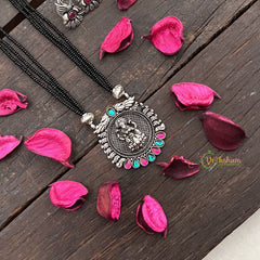 Vriksham Designer Lakshmi Style Silver Oxidized Pendant With Black Beaded Magalsutra-S997