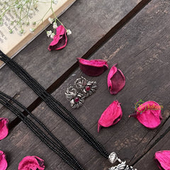 Vriksham Designer Lakshmi Style Silver Oxidized Pendant With Black Beaded Magalsutra-S997