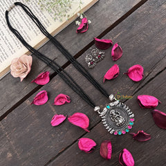 Vriksham Designer Lakshmi Style Silver Oxidized Pendant With Black Beaded Magalsutra-S997