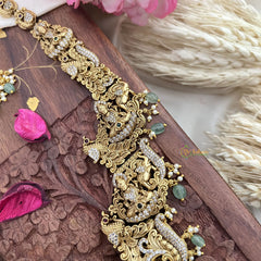 Vriksham AD Stone Lakshmi With Peacock & Elephant Long Neckpiece-Pastel Green Bead-G18045