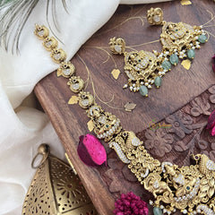 Vriksham AD Stone Lakshmi With Peacock & Elephant Long Neckpiece-Pastel Green Bead-G18045