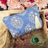 Vriksham Designer Cotton Pouch, Purse for Women with Zipper-Floral Print-Sky Blue-G19037