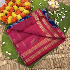 Ink Blue with Pink Border Silk Cotton Kalamkari Saree-VS4165