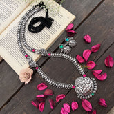 Vriksham Antique Oxidized Silver Temple Goddess Lakshmi Pendant & Heart Chain Long Haram-S1011