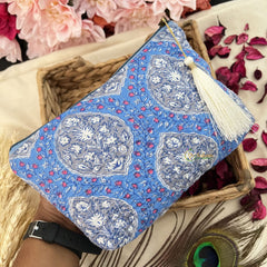 Vriksham Designer Cotton Pouch, Purse for Women with Zipper-Floral Print-Sky Blue-G19037