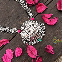 Vriksham Antique Oxidized Silver Temple Goddess Lakshmi Pendant & Heart Chain Long Haram-S1011