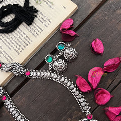 Vriksham Antique Oxidized Silver Temple Goddess Lakshmi Pendant & Heart Chain Long Haram-S1011