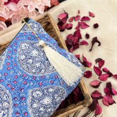 Vriksham Designer Cotton Pouch, Purse for Women with Zipper-Floral Print-Sky Blue-G19037