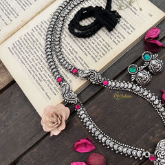 Vriksham Antique Oxidized Silver Temple Goddess Lakshmi Pendant & Heart Chain Long Haram-S1011