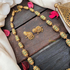 Vriksham Antique Gold Barrel Emerald Inspired Beaded Mala Neckpiece-G21989