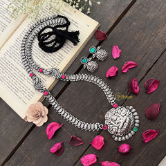 Vriksham Antique Oxidized Silver Temple Lotus Lakshmi Pendant & Nakshi Chain Long Haram-S1012