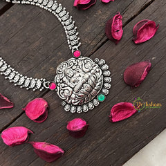 Vriksham Antique Oxidized Silver Temple Lotus Lakshmi Pendant & Nakshi Chain Long Haram-S1012