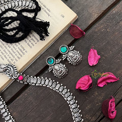 Vriksham Antique Oxidized Silver Temple Lotus Lakshmi Pendant & Nakshi Chain Long Haram-S1012