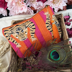 Vriksham Cotton Pouch, Purse for Women with Zipper-Orange & Pink-Tiger Print-G19049