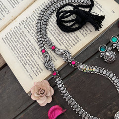 Vriksham Antique Oxidized Silver Temple Lotus Lakshmi Pendant & Nakshi Chain Long Haram-S1012