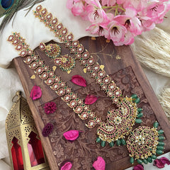 Vriksham Precious Dual Peacock Maanga Kemp Long Neckpiece-Green Bead-G18060