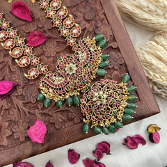 Vriksham Precious Dual Peacock Maanga Kemp Long Neckpiece-Green Bead-G18060