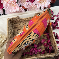 Vriksham Cotton Pouch, Purse for Women with Zipper-Orange & Pink-Tiger Print-G19049
