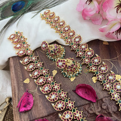 Vriksham Precious Dual Peacock Maanga Kemp Long Neckpiece-Green Bead-G18060