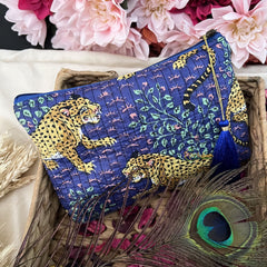 Vriksham Cotton Pouch, Purse for Women with Zipper-Blue-Cheetah-G19050