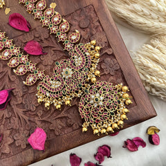 Vriksham Precious Dual Peacock Maanga Kemp Long Neckpiece-Gold Bead-G18059