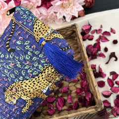 Vriksham Cotton Pouch, Purse for Women with Zipper-Blue-Cheetah-G19050