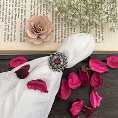 Vriksham Floral Style With Red Center & White Stone Oxidized Silver Adjustable Finger Ring-S1023