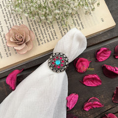 Vriksham Floral Style With Blue Center& Pink Stone Oxidized Silver Adjustable Finger Ring-S1022