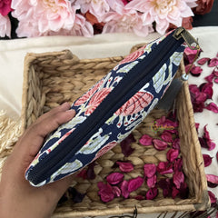 Vriksham Dark Blue Floral Print Cotton Pouch, Purse for Women with Zipper-G19047