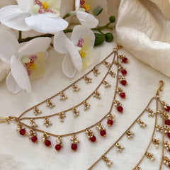 Trendy 3 Layer Pearl Maatil-Ear Chain-Red Bead-G14242