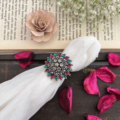 Vriksham Vintage Bloom Dual Tone Stones Oxidized Silver Adjustable Finger Ring-S1018