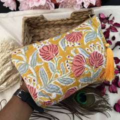 Vriksham Cotton Pouch, Purse for Women with Zipper-Floral Print-Mustered Yellow-G19043