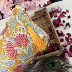 Vriksham Cotton Pouch, Purse for Women with Zipper-Floral Print-Mustered Yellow-G19043