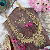 Vriksham AD Stone Dual Peacock Lakshmi Coin Long Neckpiece-Pastel Green Bead-G18092