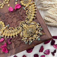 Vriksham AD Stone Dual Peacock Lakshmi Coin Long Neckpiece-Pastel Green Bead-G18092