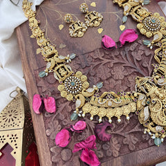 Vriksham AD Stone Dual Peacock Lakshmi Coin Long Neckpiece-Pastel Green Bead-G18092