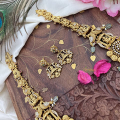 Vriksham AD Stone Dual Peacock Lakshmi Coin Long Neckpiece-Pastel Green Bead-G18092