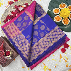 Vriksham Pink & Floral Designs Blue Broader Silk Cotton Saree-VS4649