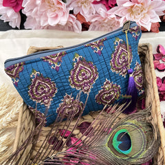 Vriksham Designer Cotton Pouch, Purse for Women with Zipper-Teal Blue-G19034