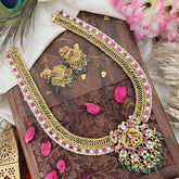 Vriksham Jalebi Style Lakshmi Pendant Jalebi Long Neckpiece-Red White-Pastel Green Bead-G18090