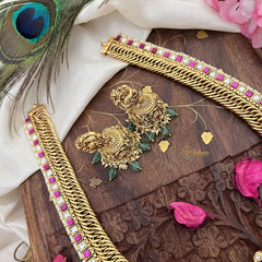 Vriksham Jalebi Style Lakshmi Pendant Jalebi Long Neckpiece-Red White-Pastel Green Bead-G18090