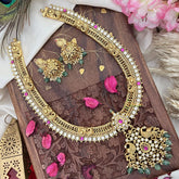 Vriksham Dual Peacock Pendant Jalebi Style Long Neckpiece-Red White-Pastel Green Bead-G18091