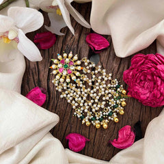 Vriksham Elegant Minimalist White Stone Floral Jada Billai- Red White& Green- Gold Bead-G21373