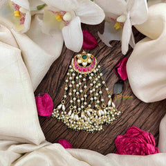 Vriksham Half Moon & Floral Style Pearls Drop Line Jada Billai- Red & Green-Rice Pearls-G21377