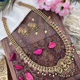 Vriksham Gold Look Alike Lakshmi Long Neckpiece-Red Green-Golden Bead-G18093