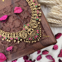 Vriksham Gold Look Alike Lakshmi Long Neckpiece-Red Green-Golden Bead-G18093