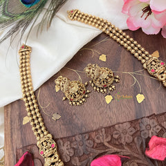 Vriksham Gold Look Alike Lakshmi Long Neckpiece-Red Green-Golden Bead-G18093