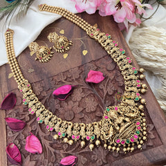 Vriksham Gold Look Alike Lakshmi Long Neckpiece-Red Green-Golden Bead-G18093
